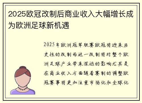 2025欧冠改制后商业收入大幅增长成为欧洲足球新机遇